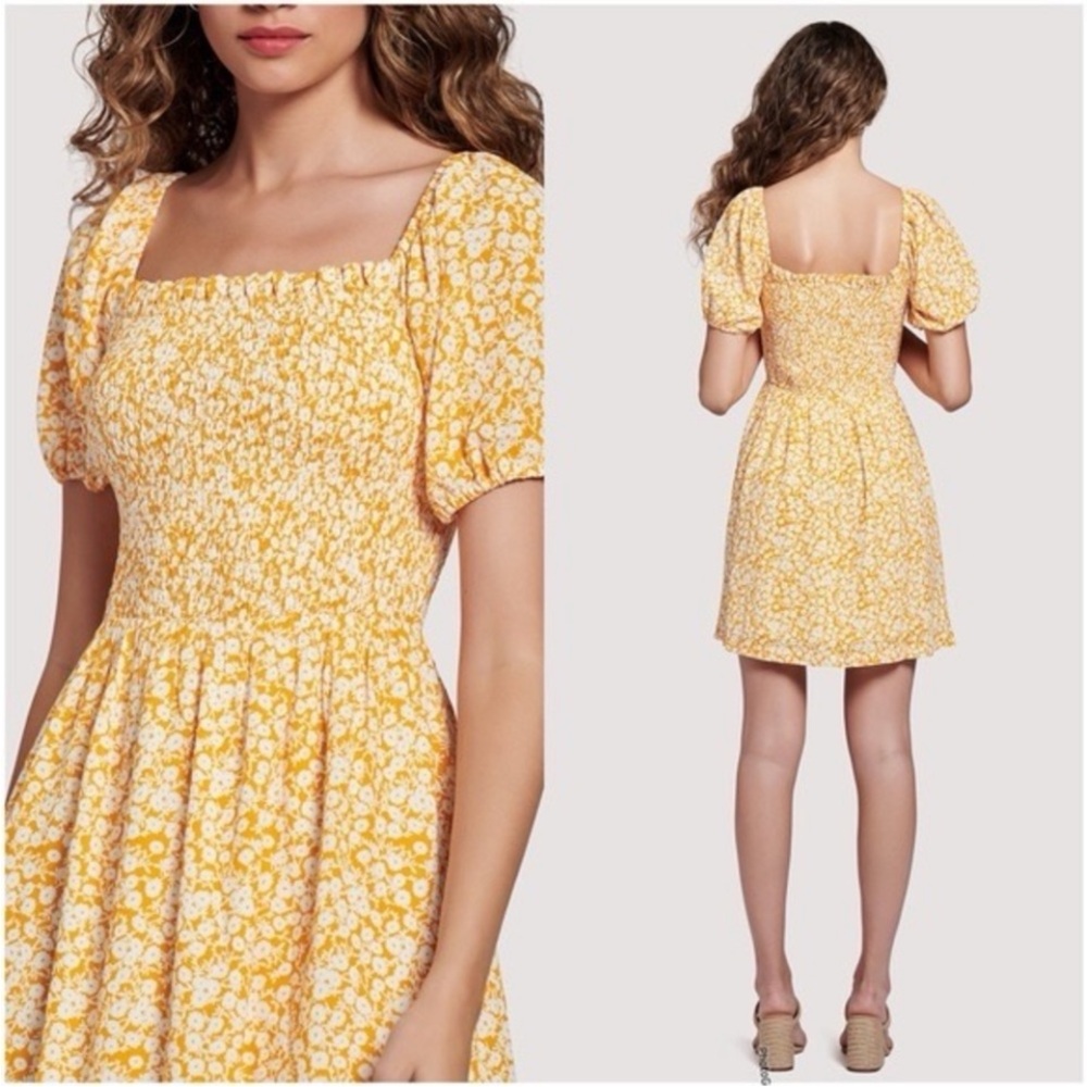 Lost + Wander Yellow Floral Smocked Mini Dress with Puff Sleeves